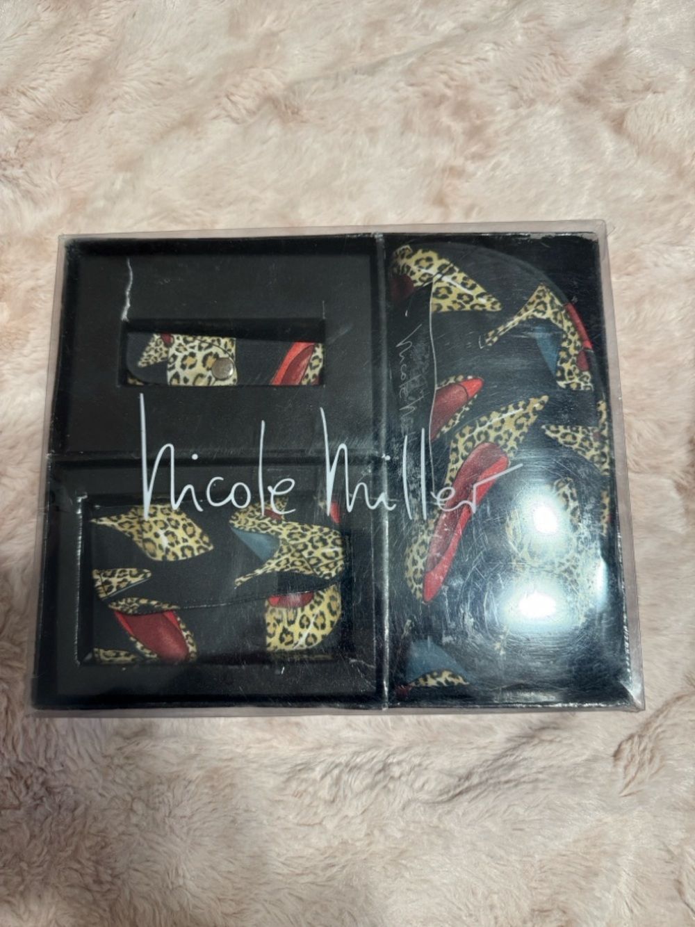 Nicole Miller Black Tie & Pocket Square Set with Leopard Print and Red Accents